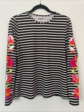 Lands' End Women's Black White Striped Floral Long Sleeve Rash Guard Swim Tee M